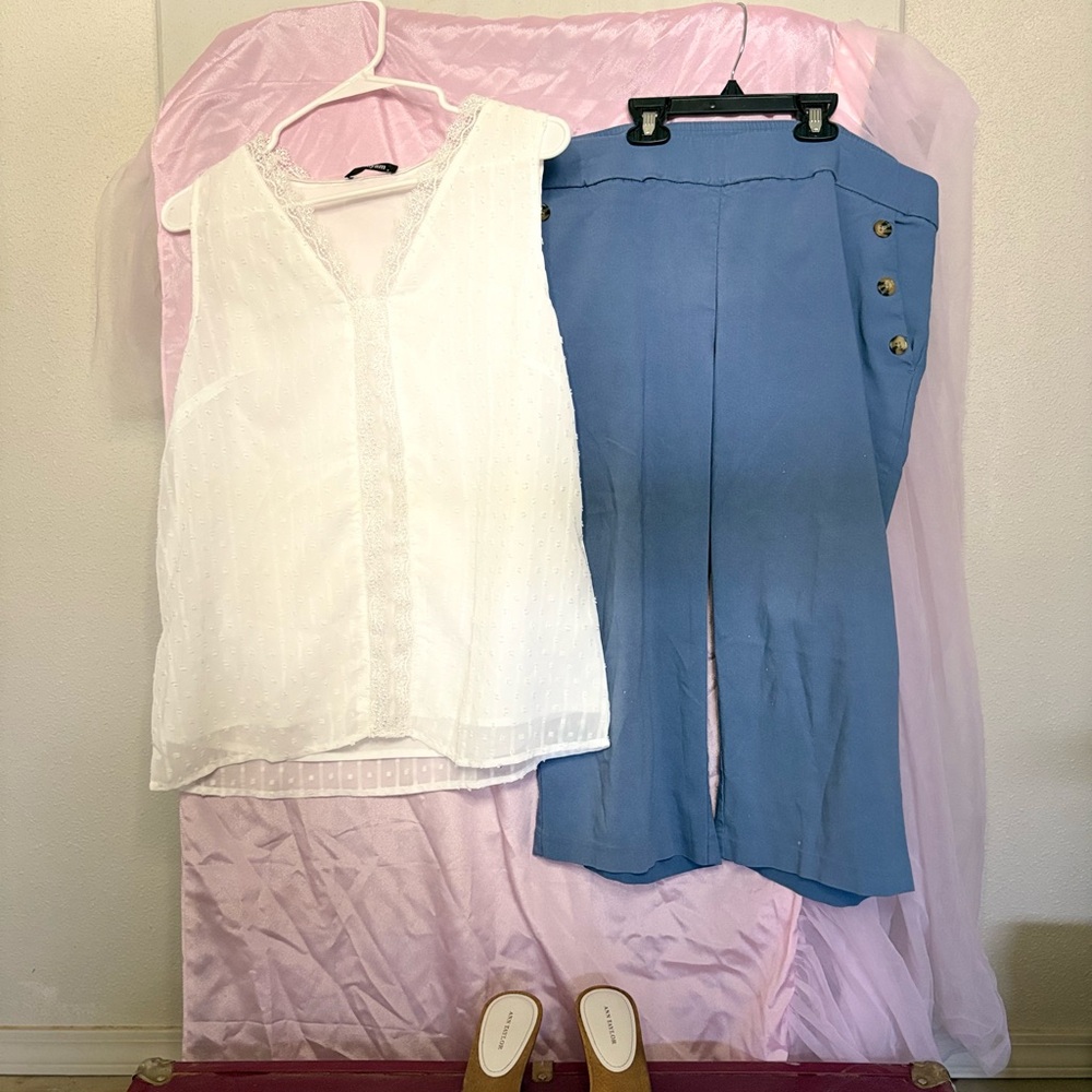 White Laced Top Paired with Blue Button-Detail Women's Pants, Cute White Sandals